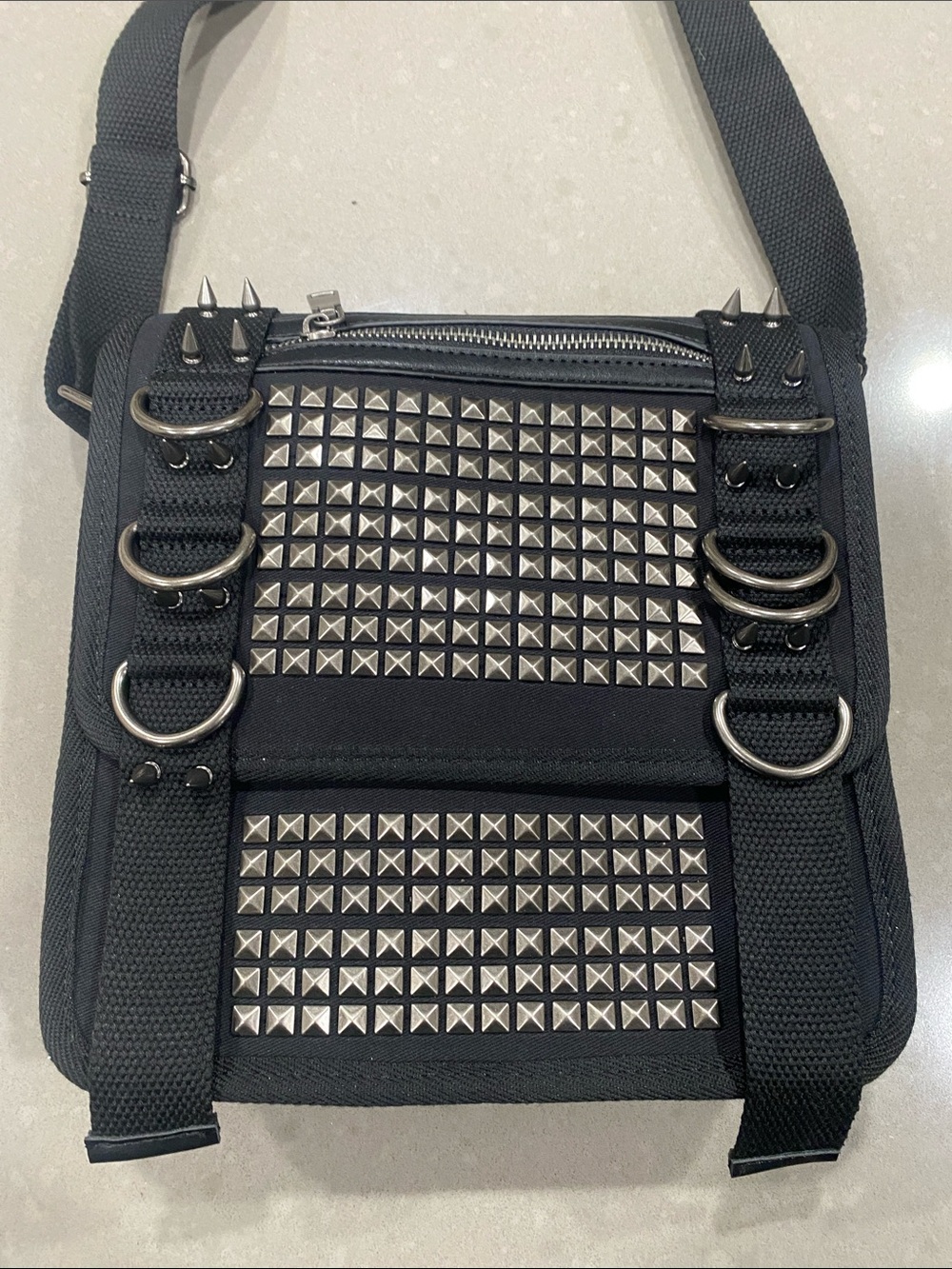 new darker wavs studded canvas crossbody messenger bag